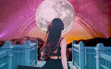 A woman with dark hair runs towards the Sun and Moon against a pink, starlit sky.