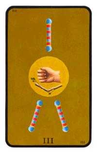 Three of Batons Tarot card in Tarot of the Witches Tarot deck